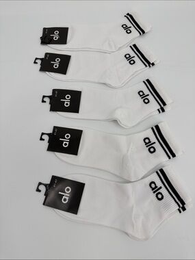 ALO Yoga Men's White Crew Socks with Black Stripe Accents 5 Pairs